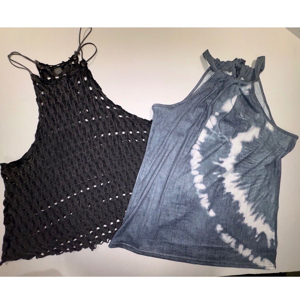 Free People We The Free Distressed Grey Eyelet Tank & Blue Tie Dye Halter Bundle
